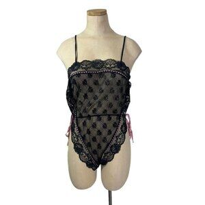 Vtg Lorraine lingerie Women's S black lace pink ribbon teddy bodysuit